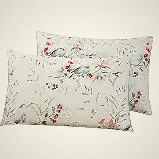 100% Cotton Pillowcases Set of 2, Floral Birds Printed on White King Style 9