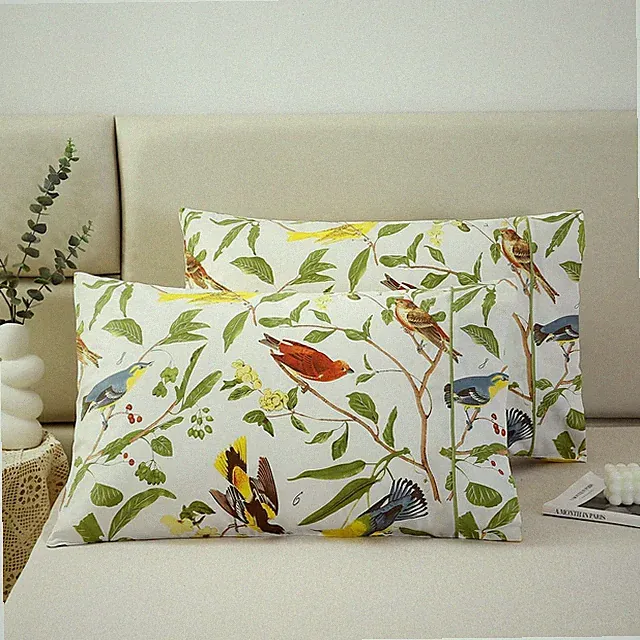 100% Cotton Pillowcases Set of 2 Standard Size Garden Leaves Birds Printed Pi...