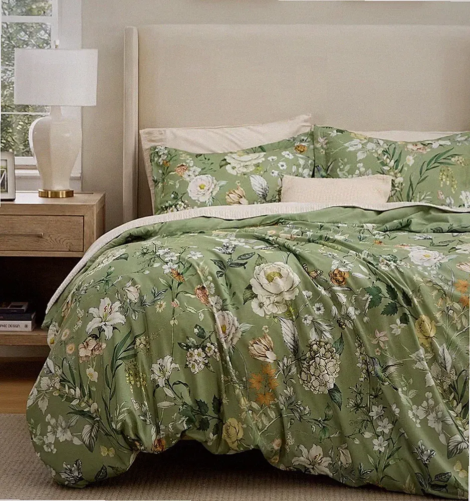 3pc Reversible Queen Duvet Cover Set Green Floral Bird Print Soft Bedding Shams