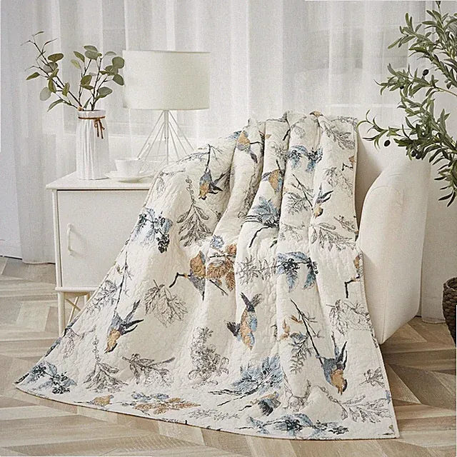 Beige American Country Quilted Throw Blanket with Bird Print - 47x60 Inch