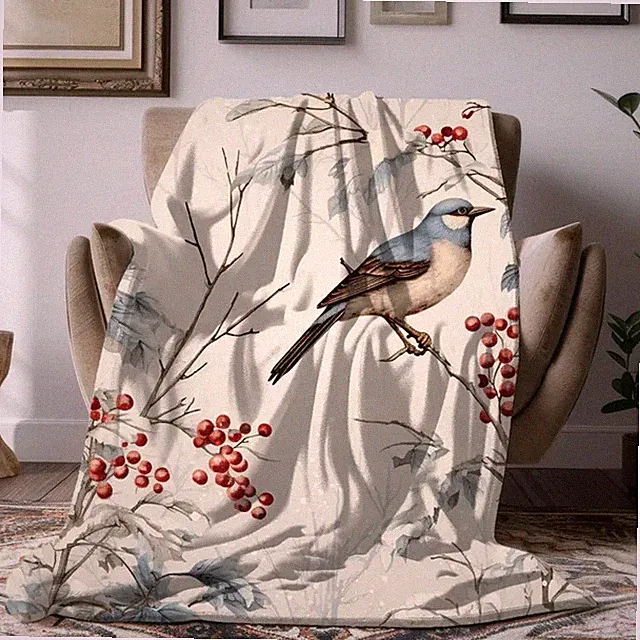 Bird and Berry Velveteen Plush Blanket Nature Inspired Cozy