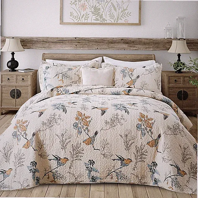 Bird Cotton Quilt Bedspread Set, 3 Piece Flying Birds Pattern Queen Coverlet, So
