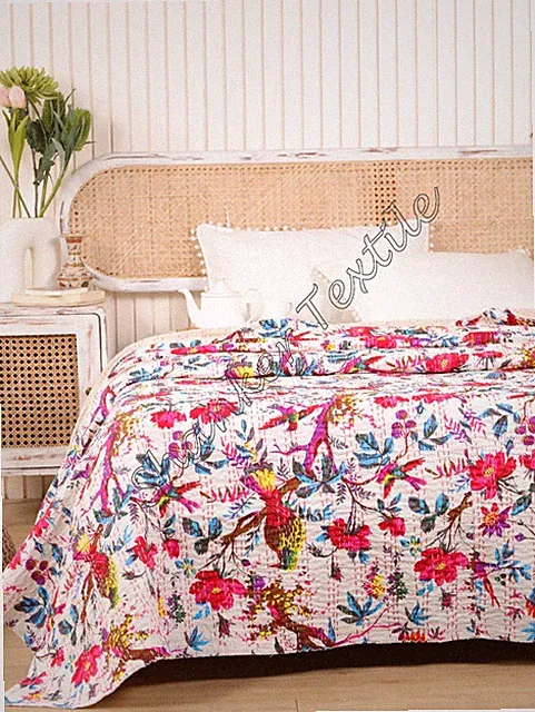 Bird Of Paradise Hand Printed Kantha Quilt Blanket Bedspread Bird Print Coverlet