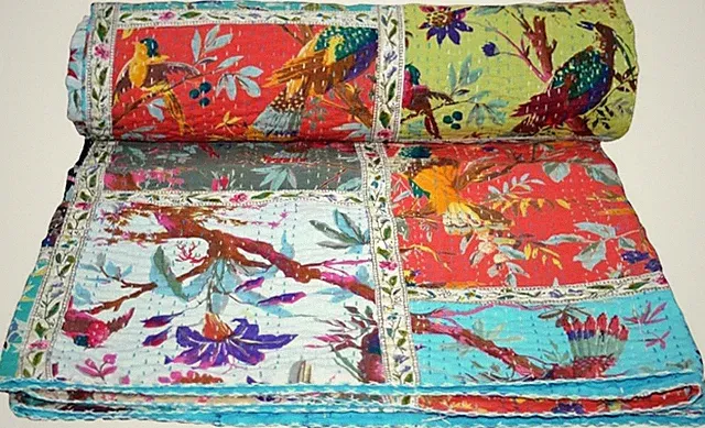 Bird Print Patchwork Cotton Kantha Quilt Throw Blanket Bedspread Gudari (Twin Si