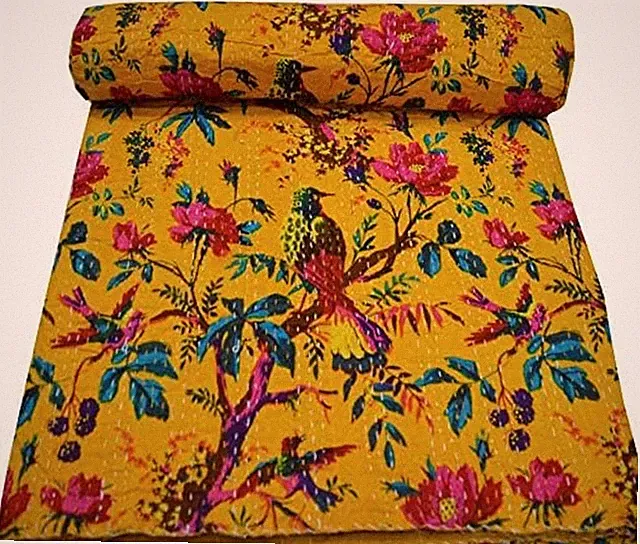 Bird Print Queen Kantha Quilt Twin Throw Blanket Bedpsread Indian Throw Vintage