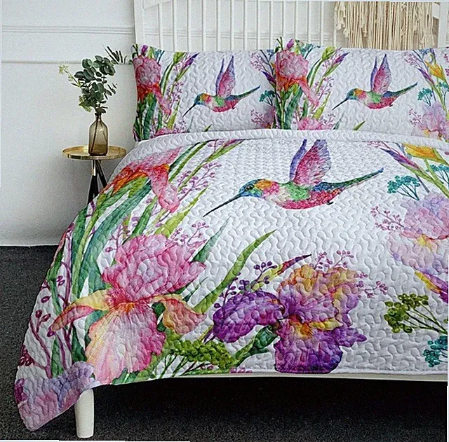 BlessLiving Tropical Birds Quilt Set Queen - Watercolor Hummingbird Floral