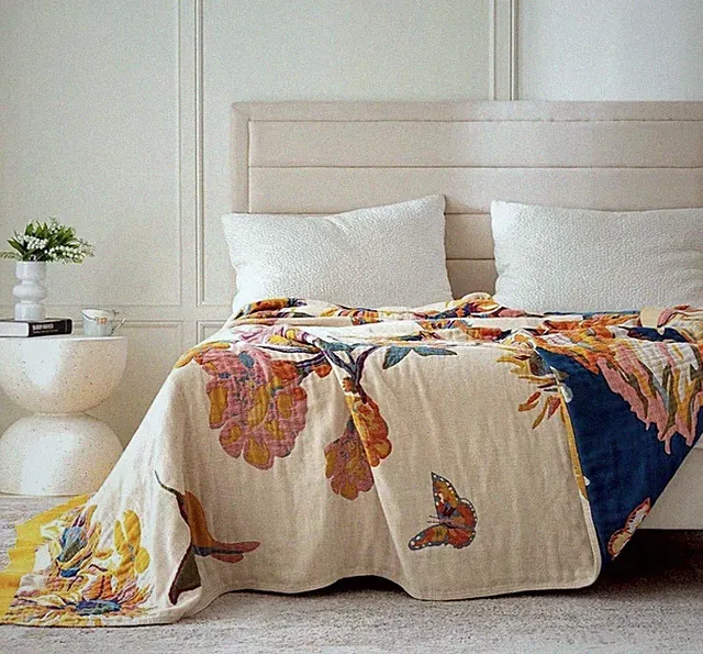 Boho Throw Blanket Birds Flowers 100% Cotton Throw Blanket 90"x98" Reversible