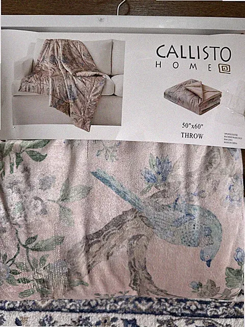 Callisto Peacock Floral Bird Prints Blue Green Throw Blanket 50” x 60” New~