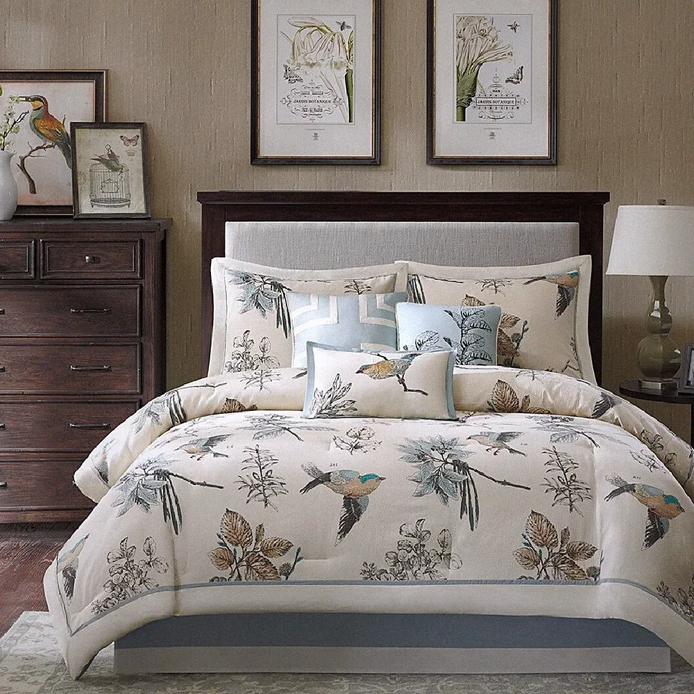 Comforter Set King Nature Pattern Brown Blue Bird Leaf 7 Piece Bedding Cover