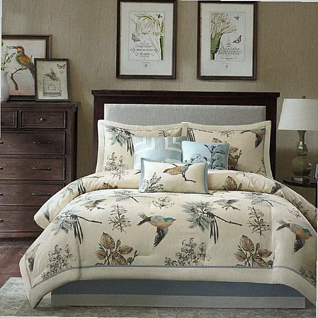 Comforter Set Queen Blue Bird Pattern Cotton Pillow Shams 7 Piece Bedding Cover