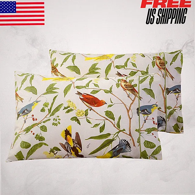 Cotton Pillowcases Standard Garden Leaves Birds Printed Cover Green 20x26" 2PK