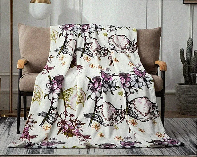 DaDa Bedding Soft Plush Fleece Throw Blanket Purple Floral Blossoms Garden Birds