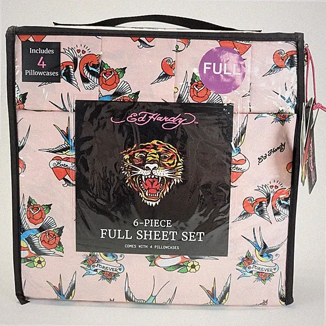 Ed Hardy Pink Bird Full Sheet Set 6-Piece w/ 4 Pillowcases - NEW - Bedding