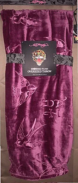 Ed Hardy Pinkish Purple Birds & Monograms Embossed Oversized Plush Throw Blanket