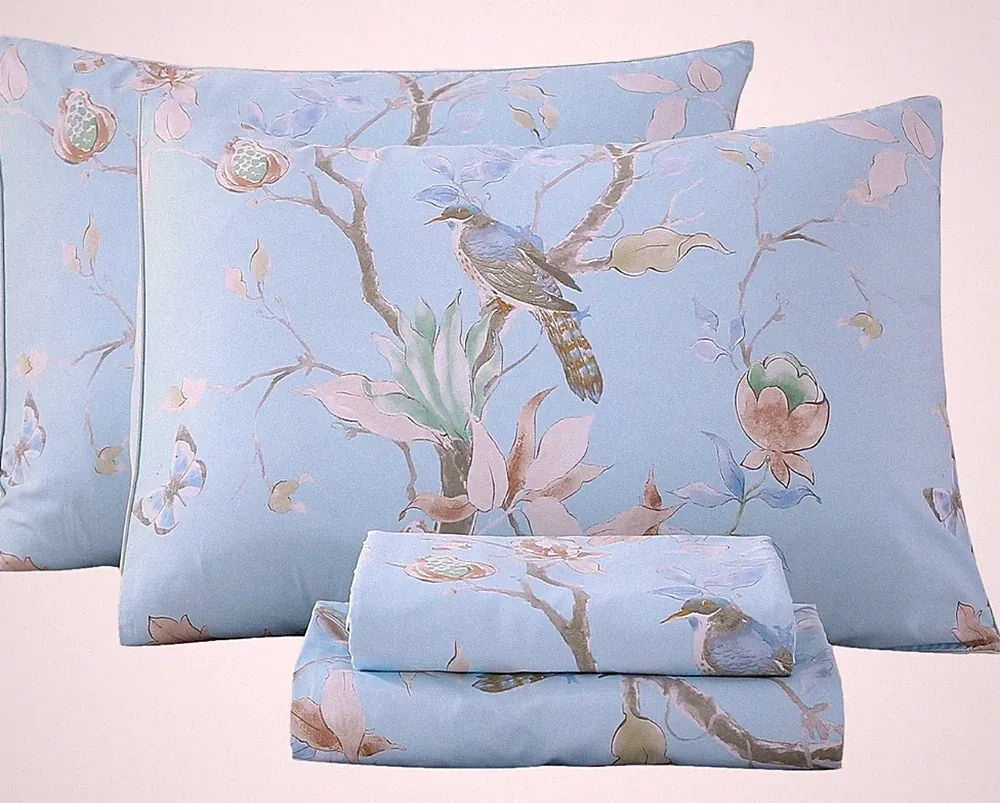 Egyptian Cotton Bed Sheet Set Blue Bird Botanical Pattern Bed Full Sz Light Blue
