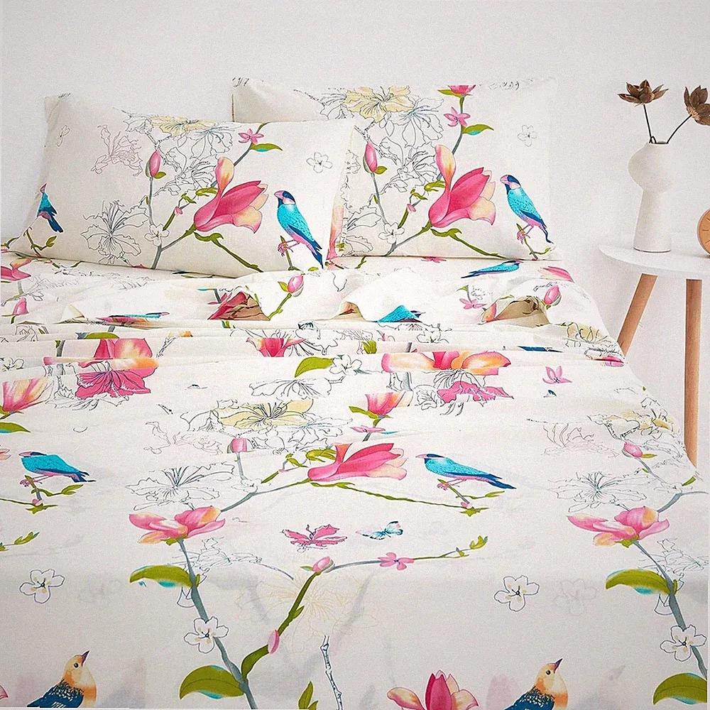 Floral Bed Sheets, 100% Cotton, 4-Piece Sheet Set, Bird Patterned Printed B...