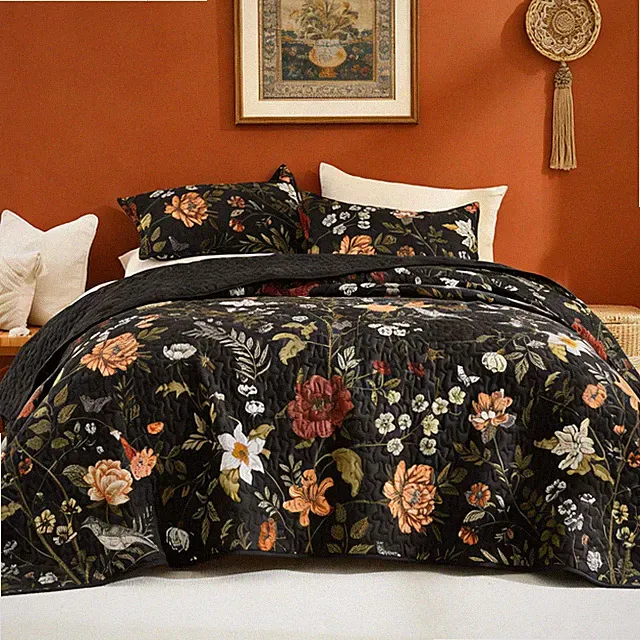 Floral Black Quilt Queen Size - 3 Pieces Botanical Birds Pattern Quilt Beddin...