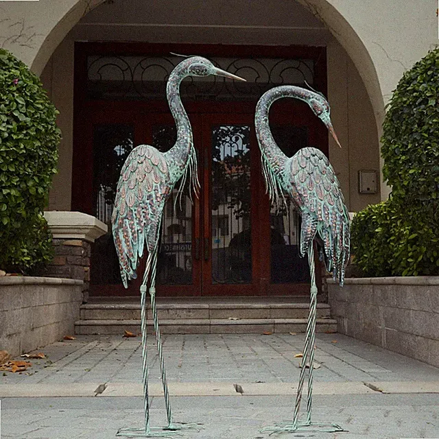 Garden Crane Statues Set of 2, Large Metal Heron Bird Art for Outdoor Decor