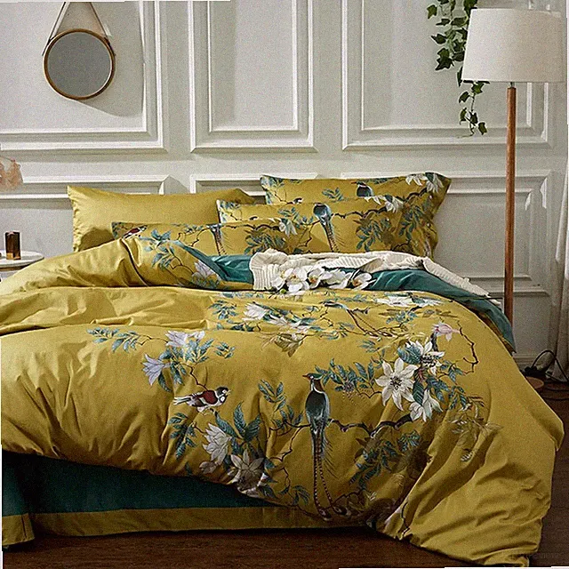 Garden Style Cotton Flowers and Birds Pattern Printed Duvet Cover Reversible Des