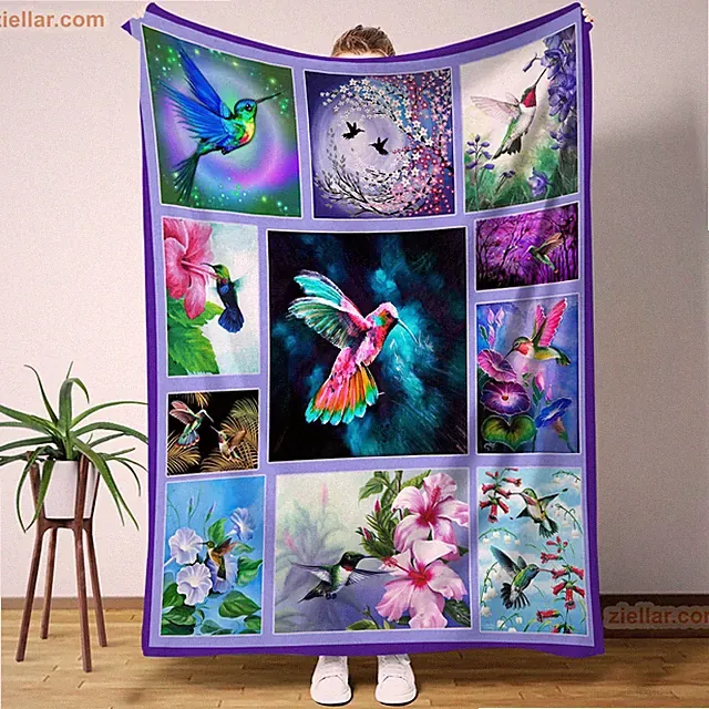 Hummingbird Art Fleece Blanket - Colorful Birds and Blossoms Nature Scene