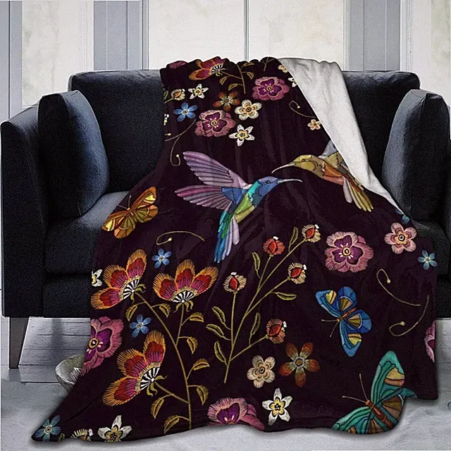 Hummingbird Bird Fleece Throw Blanket Ultra Soft Cozy Blooming Flowers Decorativ