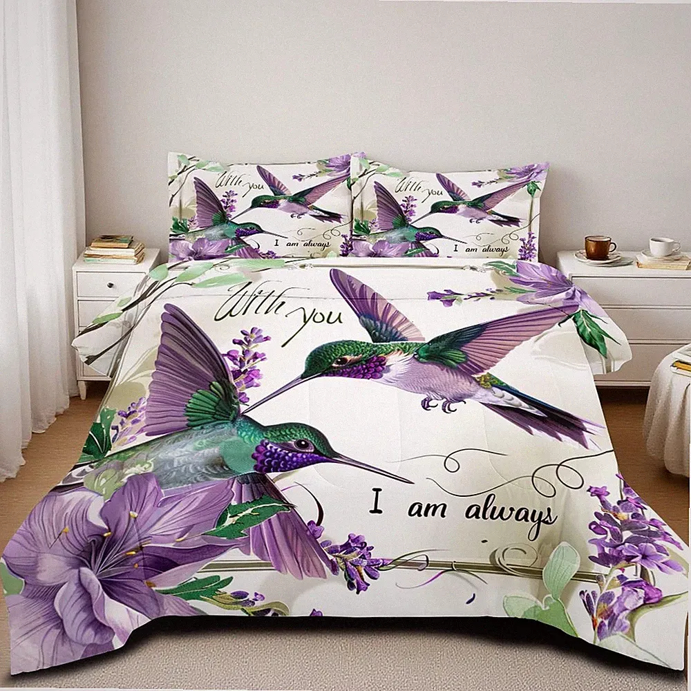 Hummingbird Comforter Set Queen Size Purple Floral Bird Bedding Set Tropical...