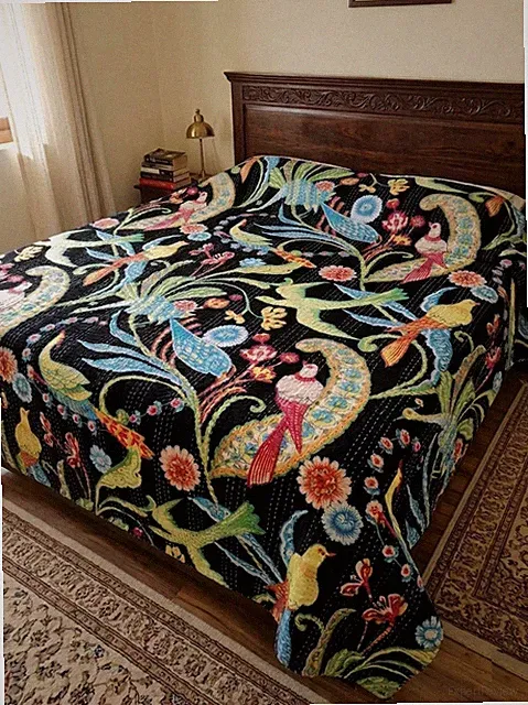 Indian Bird Printed Black Cotton kantha Quilt Blanket Gudari Throw Bedspreads