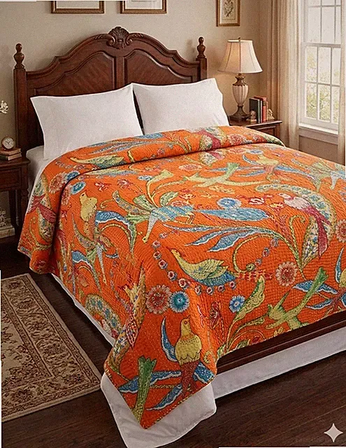 Indian Bird Printed Orange Cotton kantha Quilt Blanket Gudari Throw Bedspreads