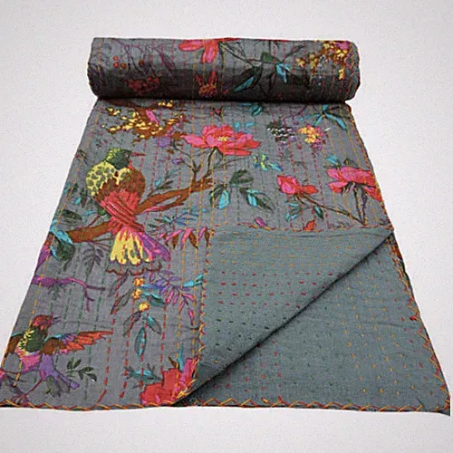 INDIAN GREY BIRD PRINT KANTHA QUILT Queen SIZE BEDDING BLANKET BEDSPREAD THROW