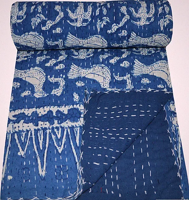 Indian Handmade Kantha Handblock Bird Print Throw Cotton Bedding Bedspread Quilt