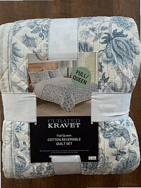 Kravet Full Queen 3-Piece Cotton Quilt Set – Blue Floral Bird – NEW Reversible
