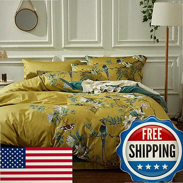 Mixinni Duvet Cover Queen Size Set Floral Leaves Pattern Cotton Bird Printed