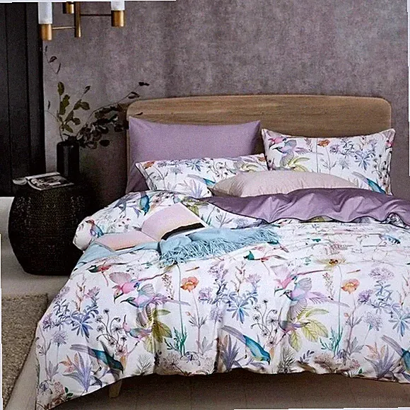 NEW Anthro Purple Floral Bird Boho Cotton Queen / King Bedding Duvet & Sham Set