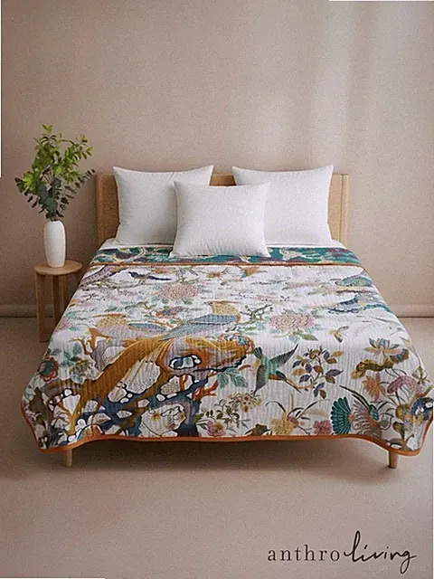 NEW Anthro Reversible Boho Bird King Cotton Bedspread Blanket Quilt - 98" x 90"