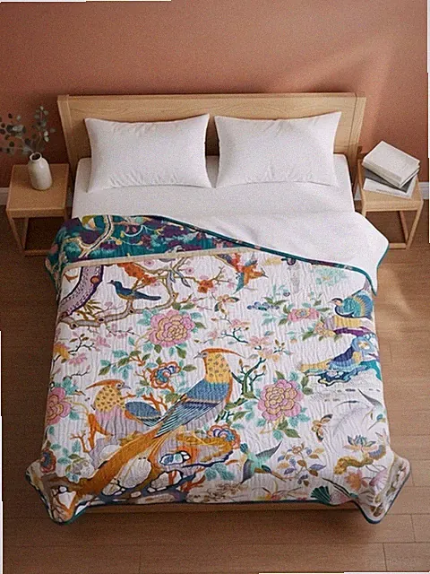 NEW Anthro Reversible Boho Bird Queen Cotton Bedspread Blanket Quilt - 80" x 90"