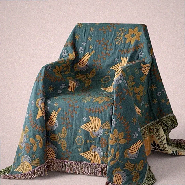 NEW Anthro Teal Reversible Boho Bird Throw Blanket Bedspread Quilt 80 x 60