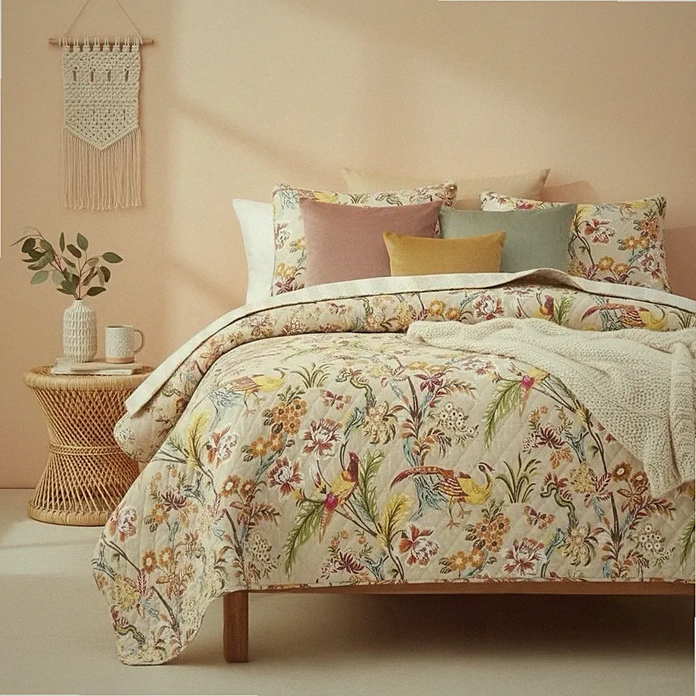 NEW Anthropologie Queen / King Cotton Boho Bird Quilt Bedspread Bedding Sham Set