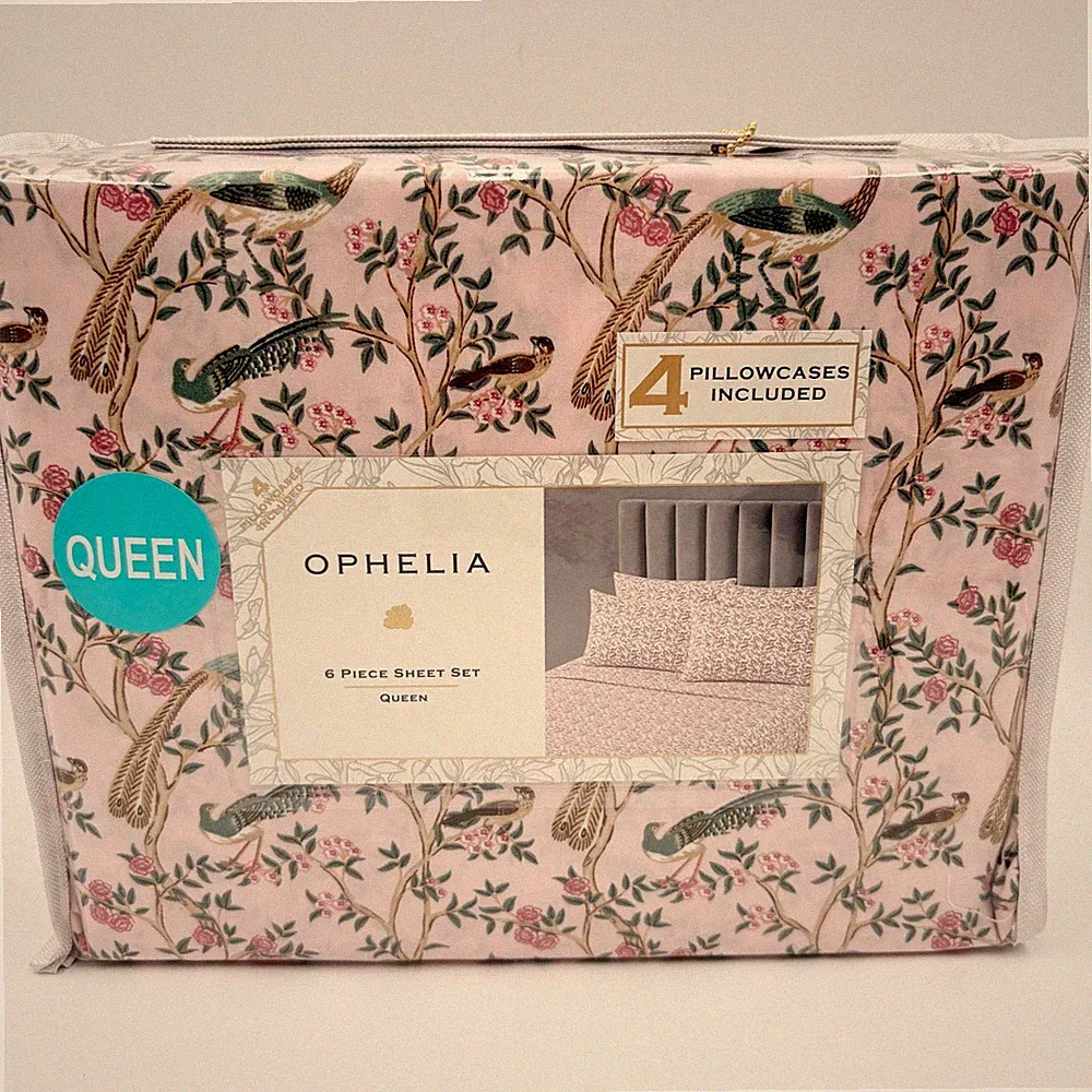 Ophelia Queen 6 Piece Sheet Set Pink Botanical Bird Floral 4 Pillowcases NEW