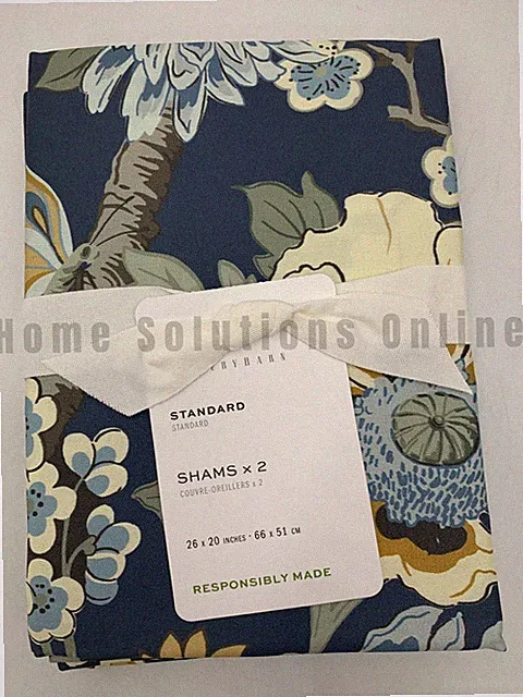 Pottery Barn Bloom Floral Bird Sateen Shams S/2 Blue Standard #J5424
