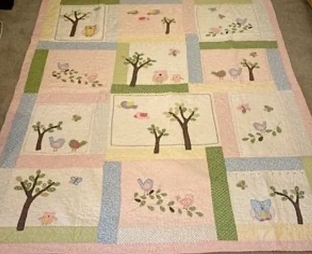 POTTERY BARN KIDS Hayley Floral Owl Birds TWIN QUILT Blanket Pink Backing