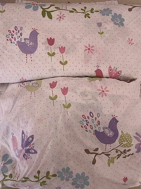 Pottery Barn Kids Twin Sz Flat & Fitted Sheets Pastel Birds Flowers & Polkadots
