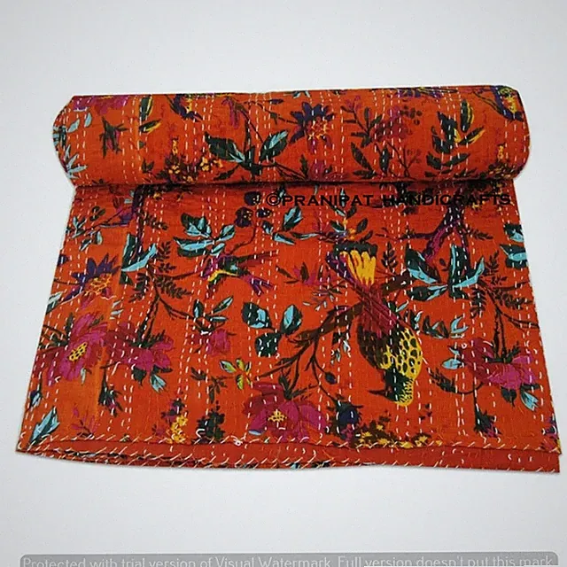 Queen Orange Bird Print Boho Summer Kantha Quilt Cotton Home Dorm D?cor Blanket