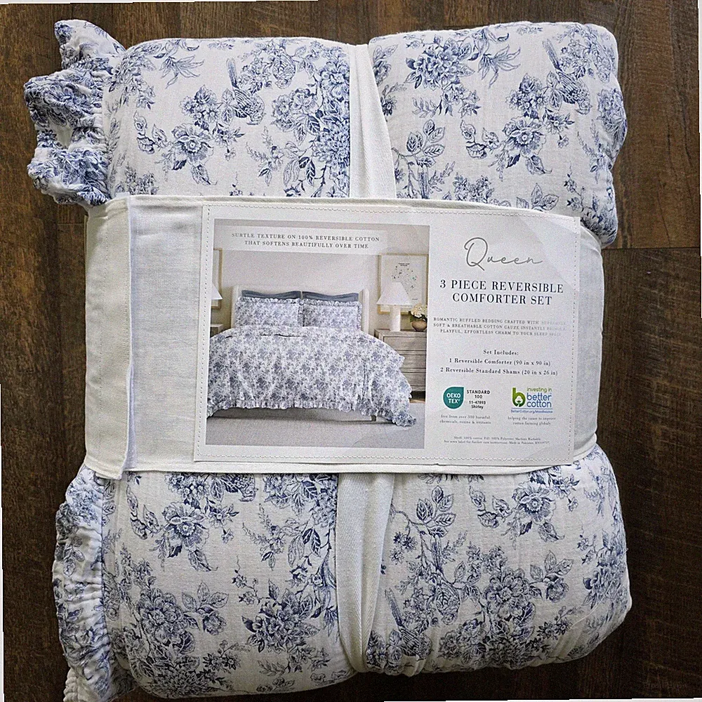 Queen Ruffled Gauze Cotton Comforter – Floral Bird Farmhouse Cottage Bedding
