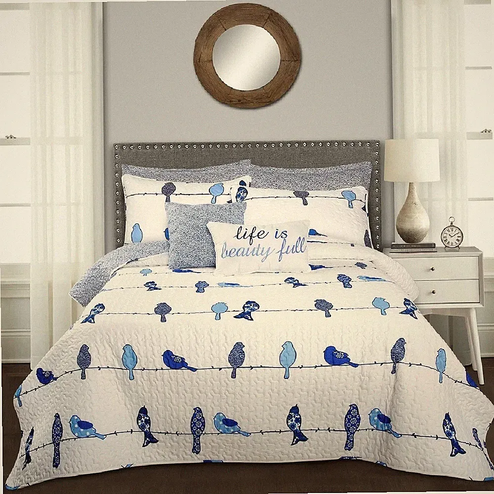 Quilt Set Queen Blue White Bird On Wire Pillow Sham 7 Piece Reversible Bedding