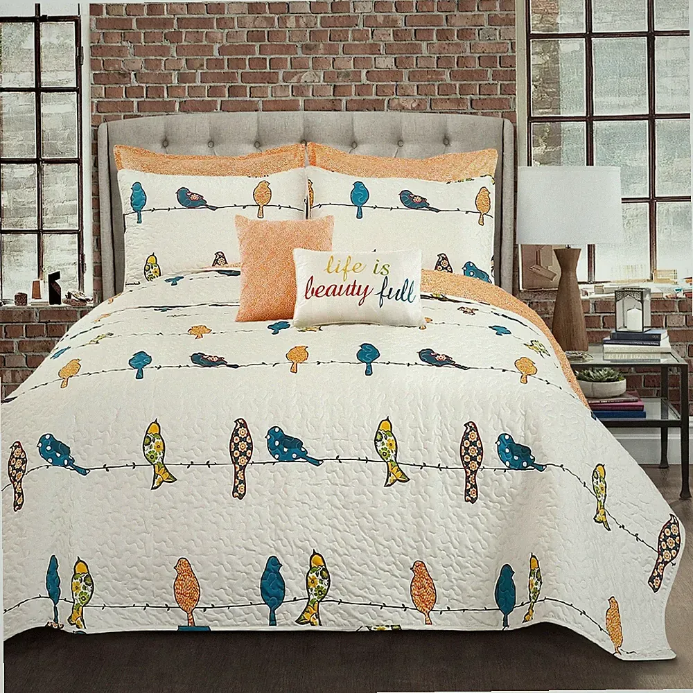 Quilt Set Queen Yellow Orange White Bird Wire Pillow Shams 7 Piece Bedding Cover