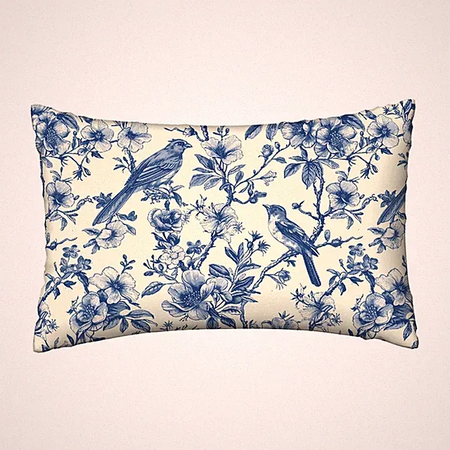 Satin Blue Bird Floral Pillow Case Chinoiserie Toile Shabby Chic Bed Sham Cover