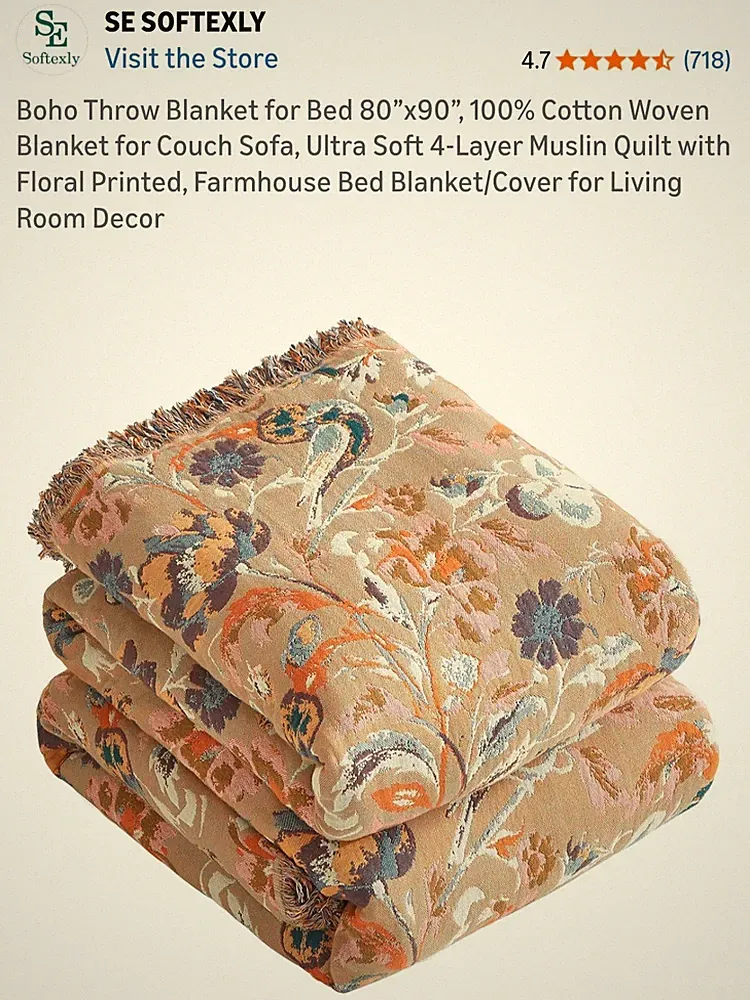 SE SOFTEXLY Boho Throw Blanket 100% Cotton-80 X 90-K-bird-NEVER USED-OUT OF PKG