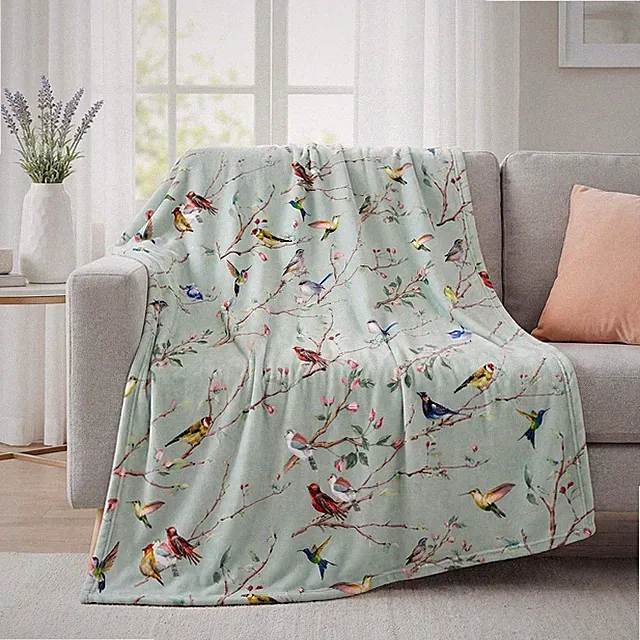 Spring Summer Flannel Blanket Throw Birds Branch Green Floral Plush 50x60 Inch
