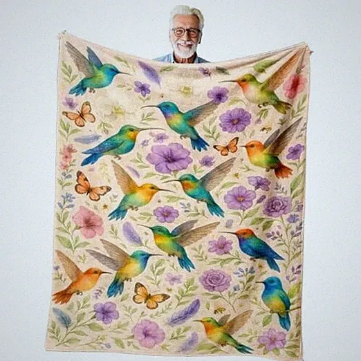 Throw Blanket Gift for Women & Bird Lovers, Floral Botanical Decor Hummingbird
