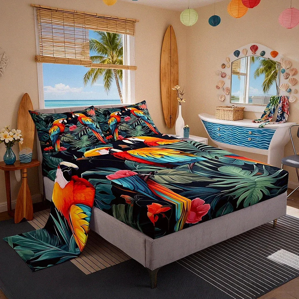 Tropical Birds Bed Queen Set,Jungle Parrot Bird Wild Animal Sheets Sets